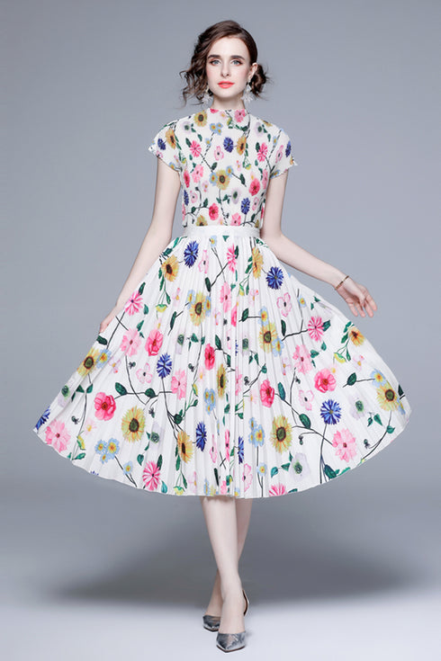 Alluring & Fresh Autumn Multicolor Floral Stretchable 2-Pcs Set, Mock Neck Top + Pleated Long Skirt, Casual and Formal Women Dress